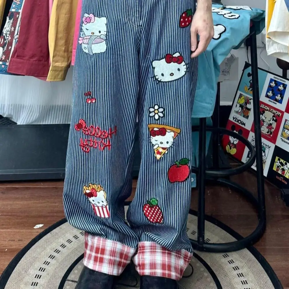 

Cartoon Hello Kitty Girls Casual Pants for Women American Cat Embroidered Soft Large Size Autumn Plaid Splicing Wide-Leg Pants