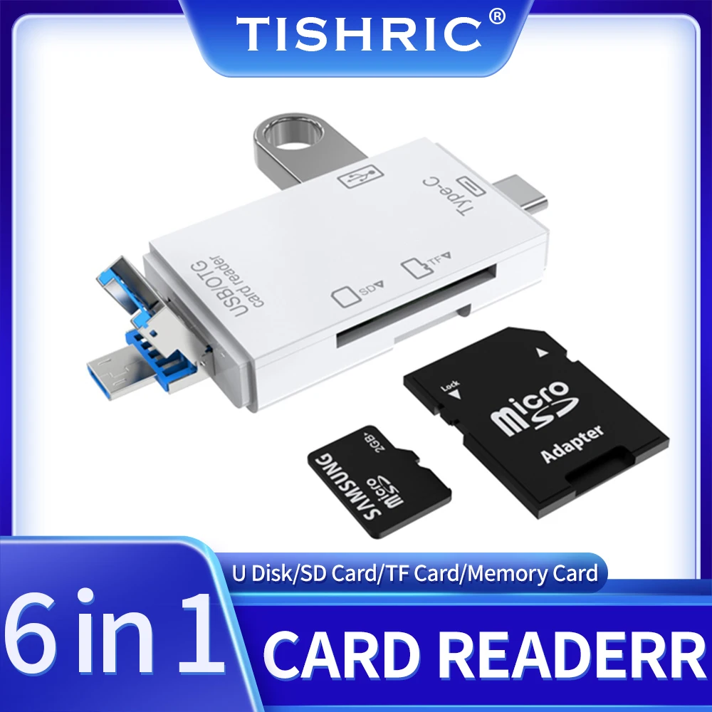 

TISHRIC 6 In 1 Card Reader External U Disk TF Card SD Card Keyboard Mouse Camera USB Type-C Interface Flash Drive Card Adapter