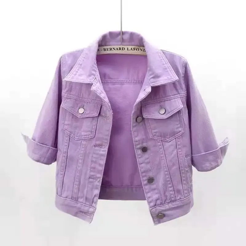 Womens Jean Jacket Cropped Denim Jackets Stretchy 3/4 Puff Sleeve Distressed Shacket With Pockets Purple Yellow White Outerwear