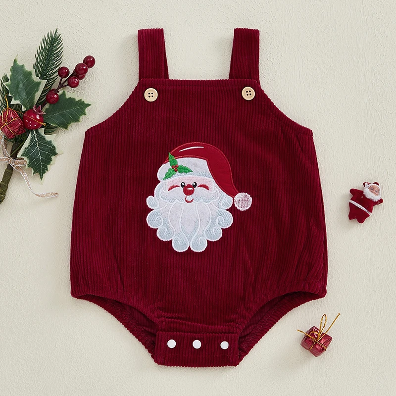 Macacão de veludo para bebês de 0 a 18 meses, meninos e meninas, sem mangas, alça bordada de Papai Noel, macacão regata, roupas de férias para recém-nascidos