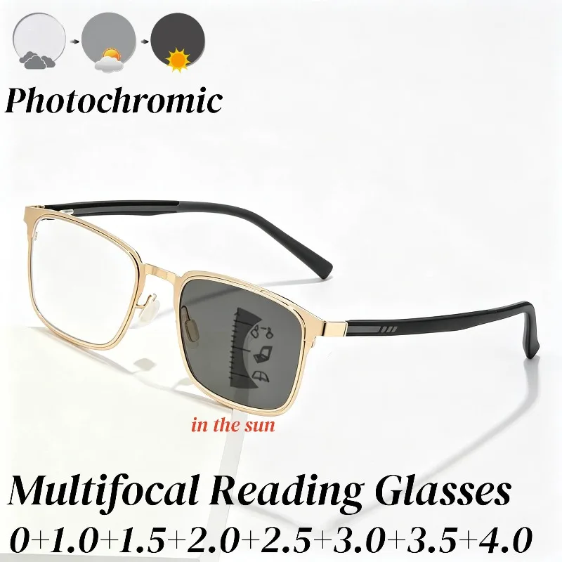 

Photochromic Multifocal Reading Glasses Anti Blue Light Presbyopic Eyeglasses Fashion Square Frame Degree Glasses Near and Away