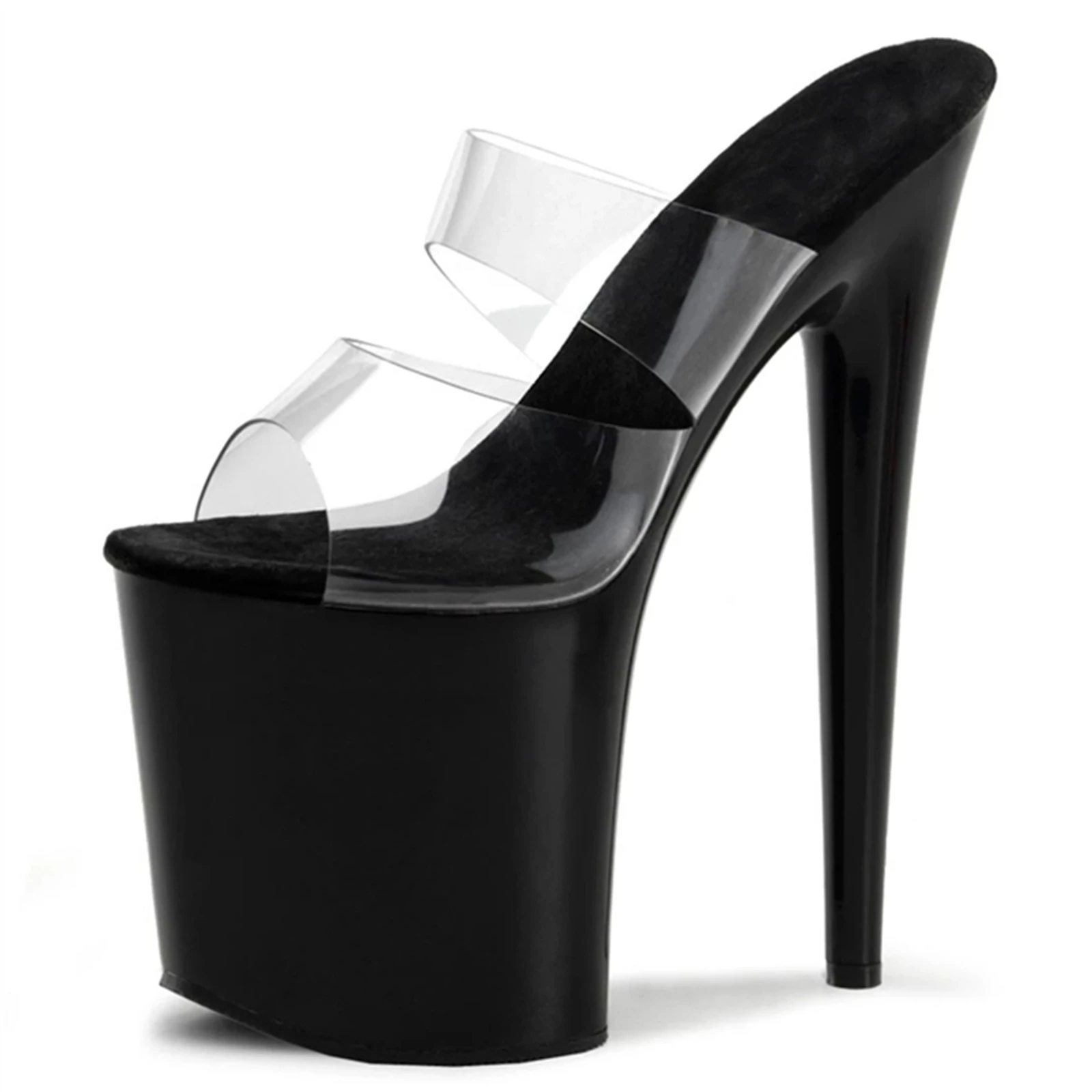 

​20CM Fetish Platform Mules Black, Suede Cross-Band Sandals with Clear PVC & Chunky Heel, Extreme Height Nightlife Shoes​