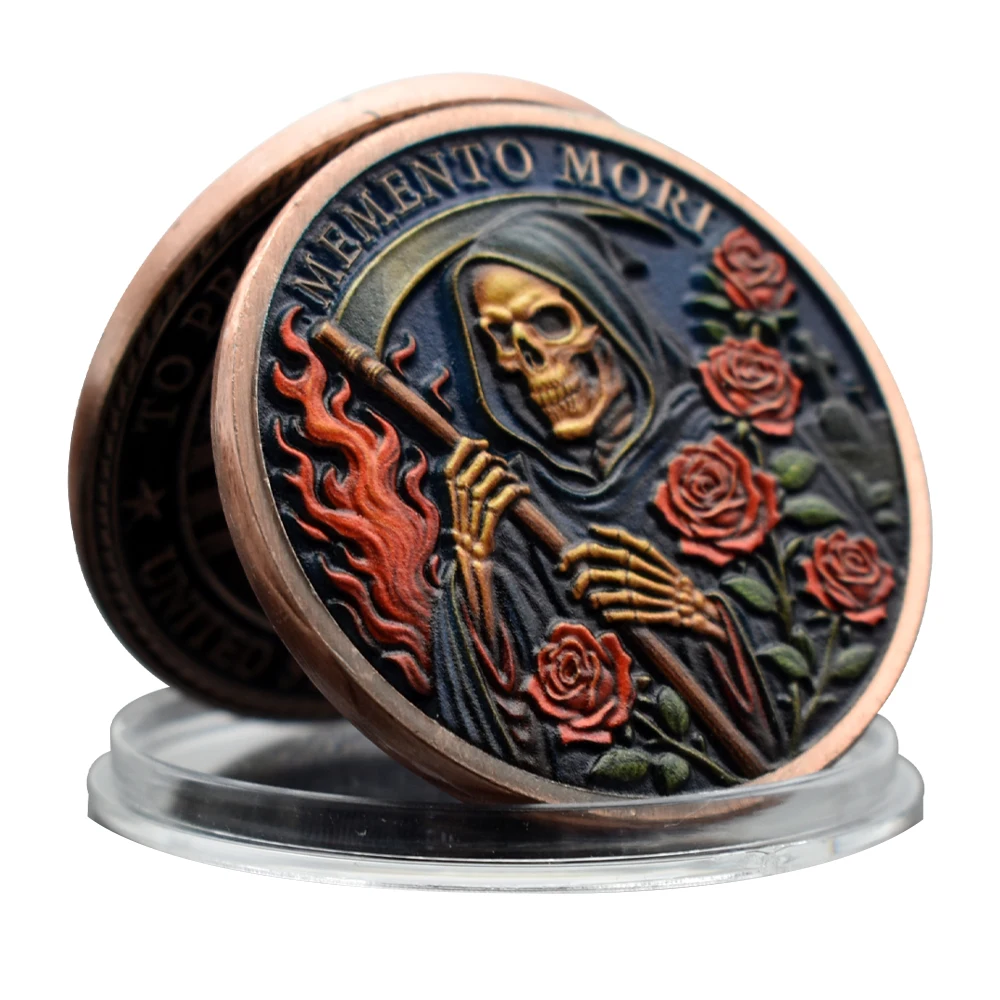 عملة تذكارية لإله الموت معدنية من سبائك الزنك MEMENTO MORI Crow Skull Challenge Coin مع مجموعة الشهادات هدية