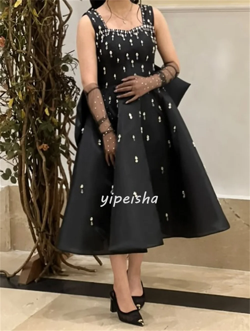 Customized Modern Style Fashion Charmeuse Rhinestone Bow A-line Square Neck Tea Length Dresses Bespoke Occasion Dresses Matching image 2