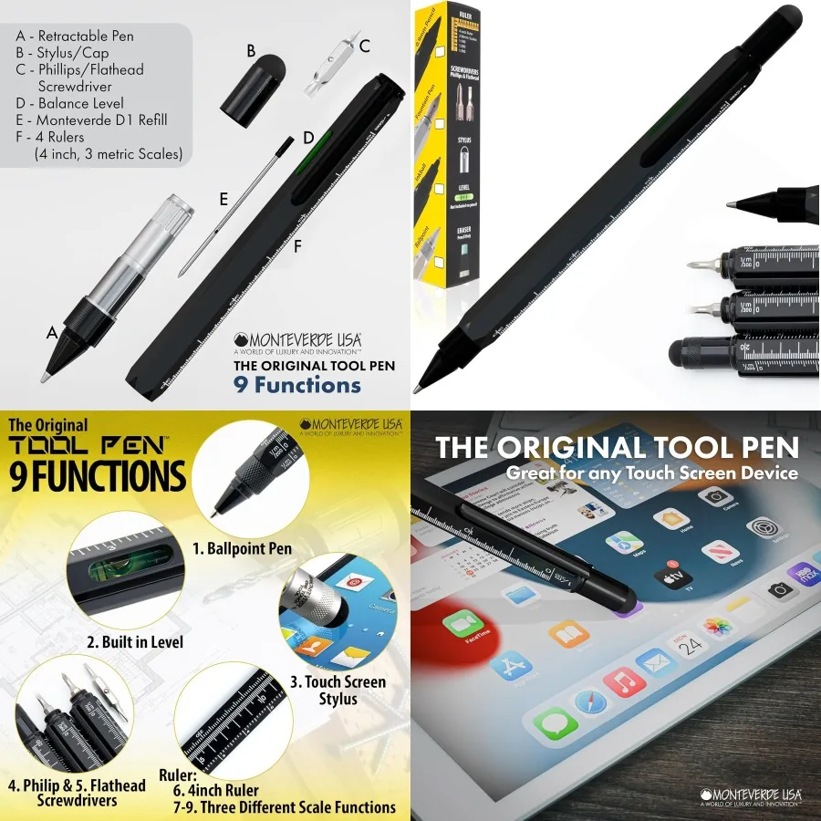 

Шариковая ручка Monteverde USA 9-в-1, черная многофункциональная ручка со стилусом, отвертками, уровнем и линейкой, идеально подходит для двигателя