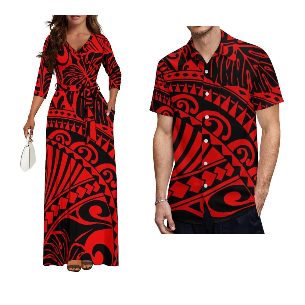 Coppia personalizzata polinesiana Set Abito con scollo a V con cintura Design Abito lungo da donna Camicia formale da uomo dell'Isola hawaiana Samoa