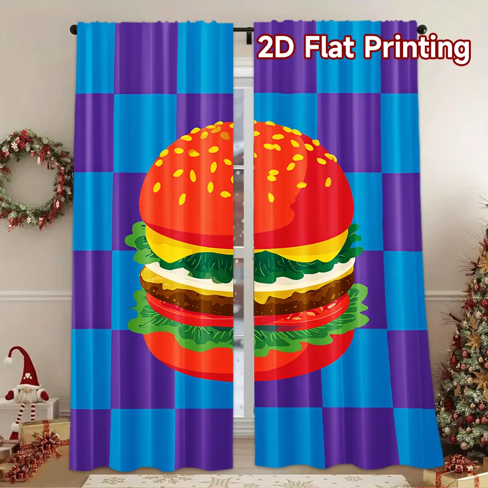 Brightly Colored Cartoon Burger Print Drapes Room Darkening Window Curtains for Home Decor,Rod Pocket Blackout Curtains Bedroom