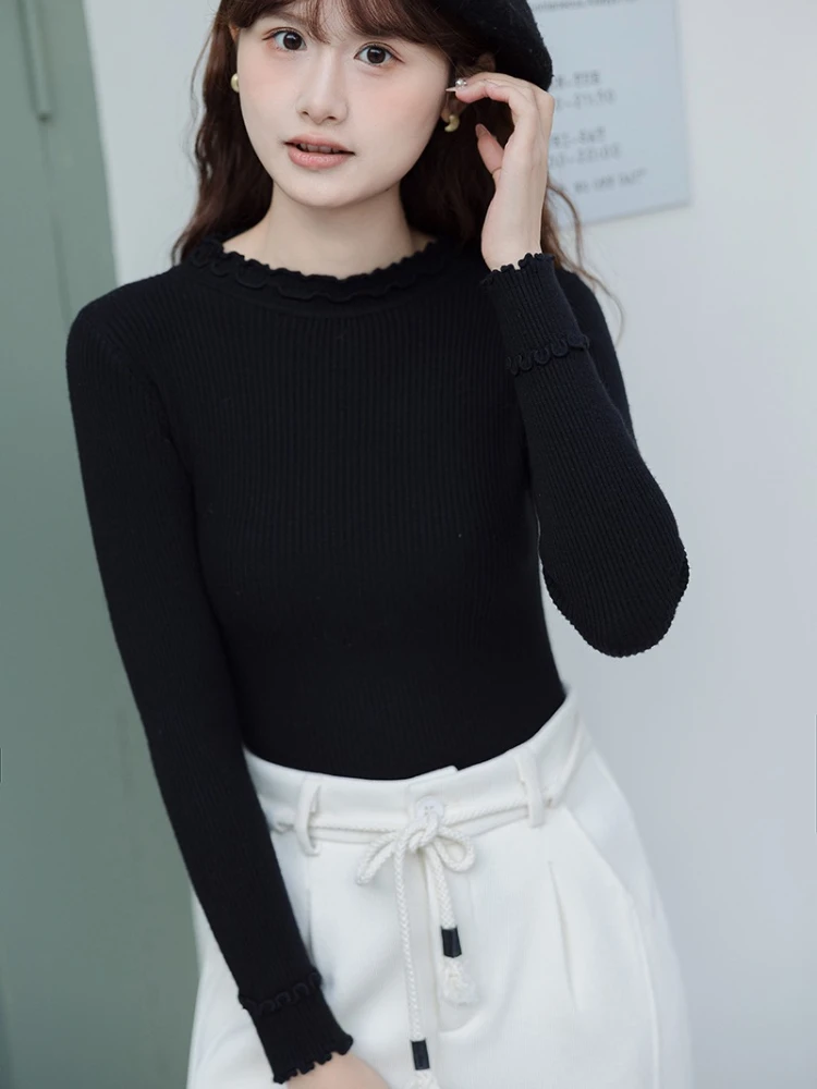 2025 Otoño Invierno capa Base Simple Tops suéter de punto para mujer borde de oreja de madera cuello alto jerseys de manga larga ropa de mujer