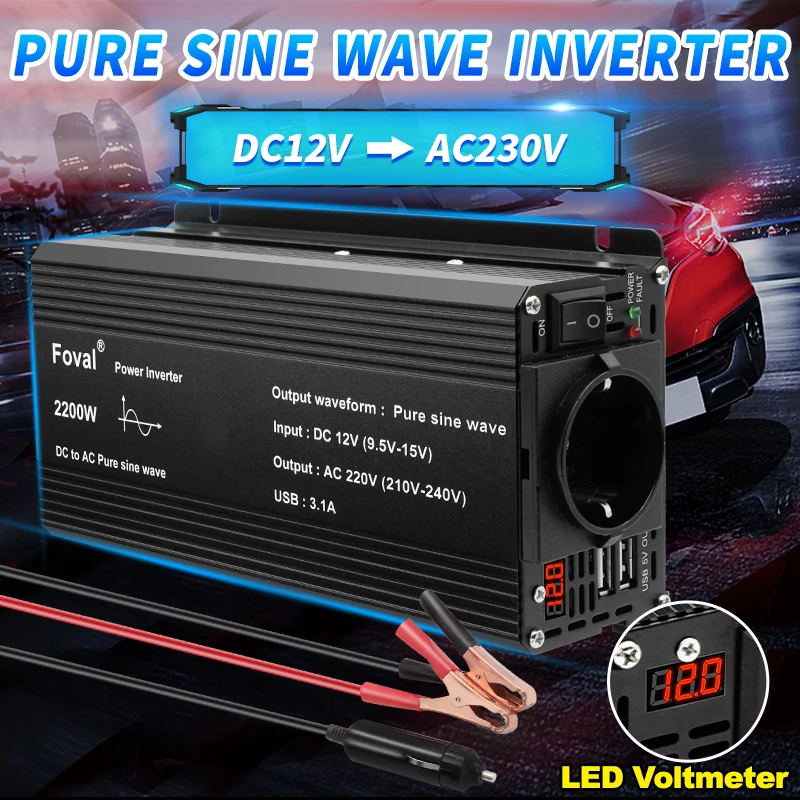 12V to 220V 230V Pure Sine Wave Inverter 1500W/2200W/2600W Converter EU Socket 12 Volts Solar Transformer Led voltmeter Inversor