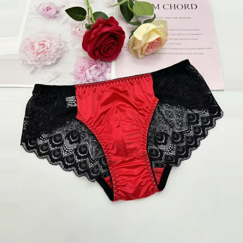 Męskie seksowne czerwone satynowe koronkowe prześwitujące slipy Sissy elastyczne z niskim stanem oddychające majtki BF Live Show kostiumy do tańca DJ Club