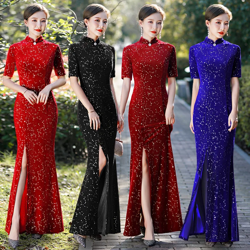 

Retro Elegant Short Sleeve Split Mermaid Sequins Velour Qipao Mandarin Collar Runway Show Cheongsam Chinese Women Dress