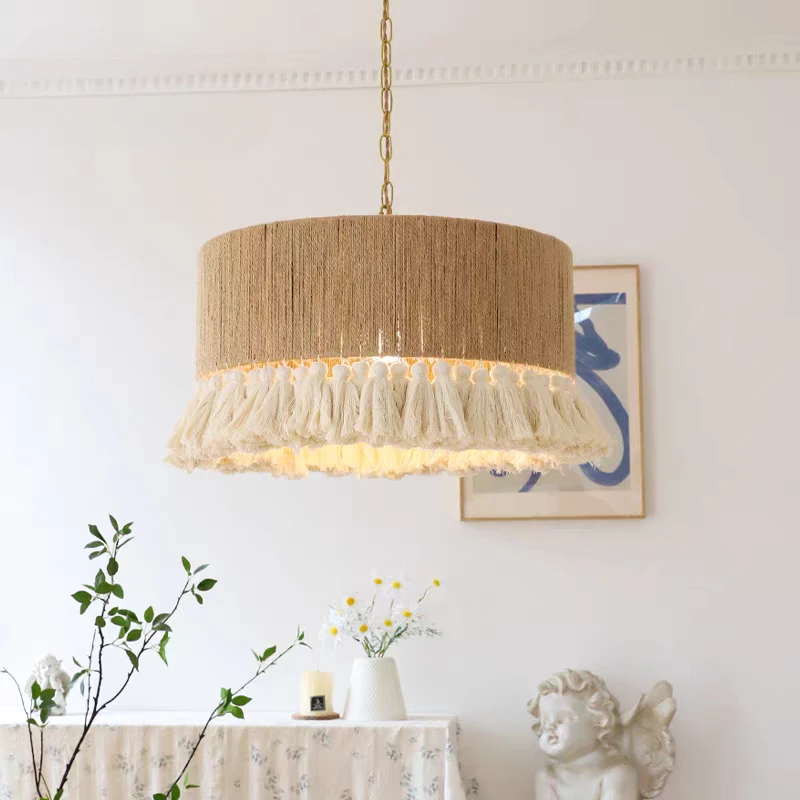 Bohemian Vintage Hemp Rope Macrame Tassel Pendant Lights for Bedroom Restaurant Hotel Hanging Lamp Fixture Home Decorations