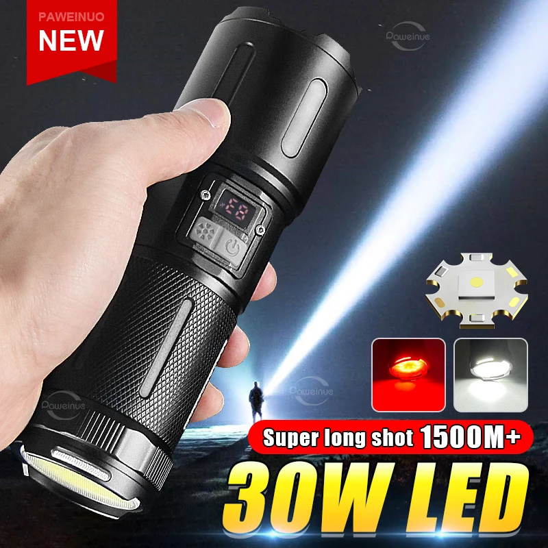 Super Powerful LED Flashlight White Laser Long-Range 1500m Strong Light Torch with COB Tail Light for Outdoor Camping Emergency