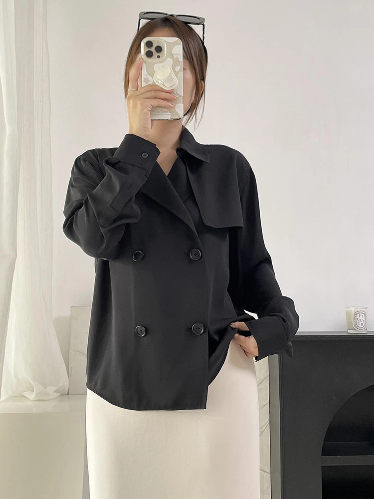 

Spring New Arrival Th25 Windbreaker Sle irt Thin Pleated Fabric Double Breasted Large Collar Commute irt Jaet for Women
