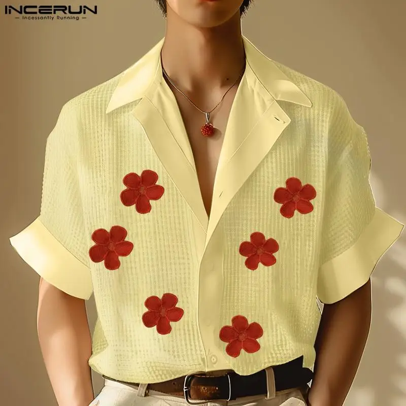 

INCERUN Tops 2024 Korean Style Fashion Men's Decal Pattern Decoration Shirt Summer Holiday Male Lapel Short Sleeved Blouse S-5XL