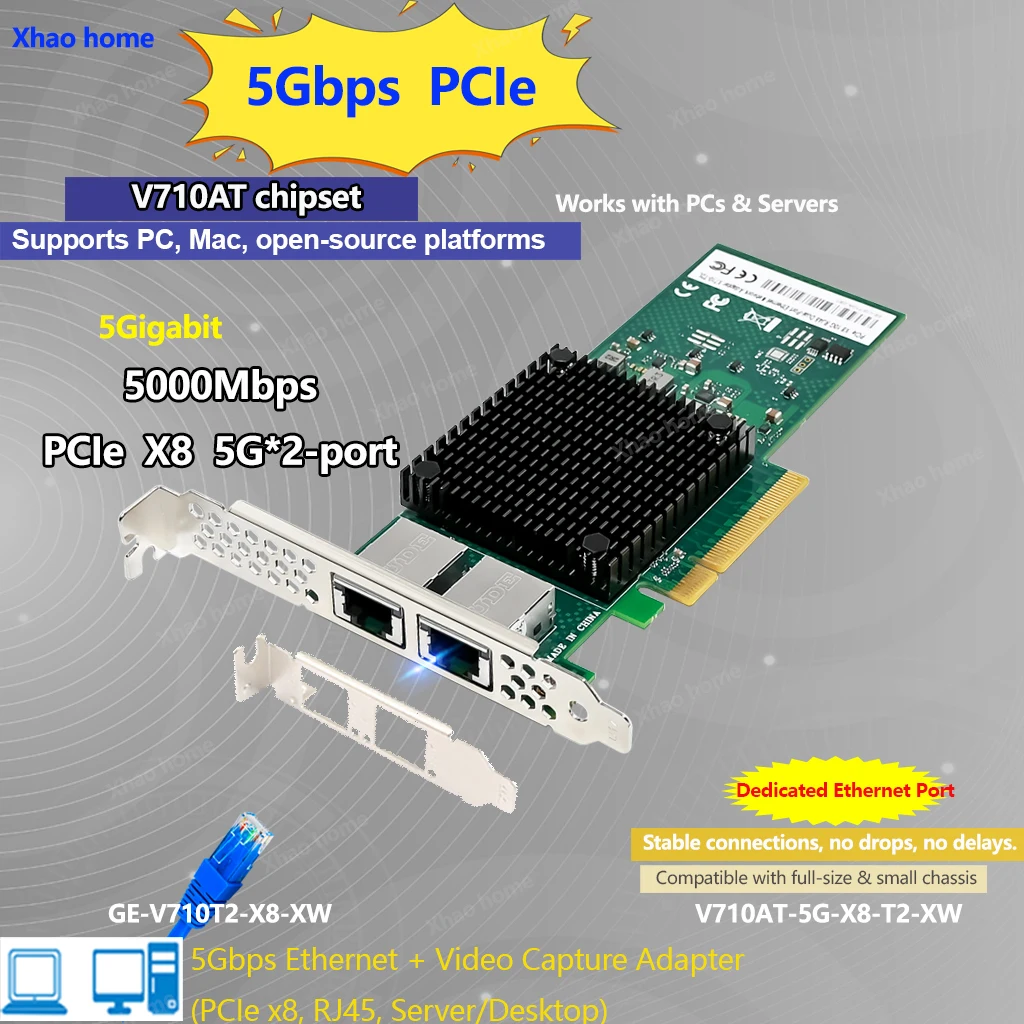 

V710-DA2 Двухпортовая серверная сетевая карта PCI-E 5G/1G (SFP+) Gigabit Ethernet-адаптер для промышленного ПК, ESXi, захвата зрения