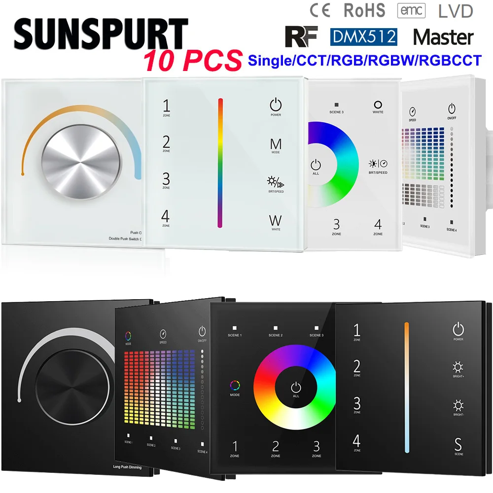 5PC Skydance 4 Zones Touch Panel DMX 512 Master Single Color/CCT/RGB/RGBW LED controller dimming Wall Switch Dimmer 110V-220V AC