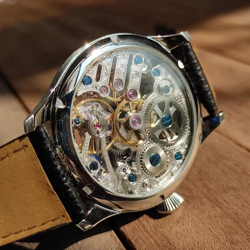 ساعة ميكانيكية يدوية 44 ملم للرجال، طراز عمل عتيق، حركة تيانجين St3600K، أزياء زخرفية مجوفة أصلية le
