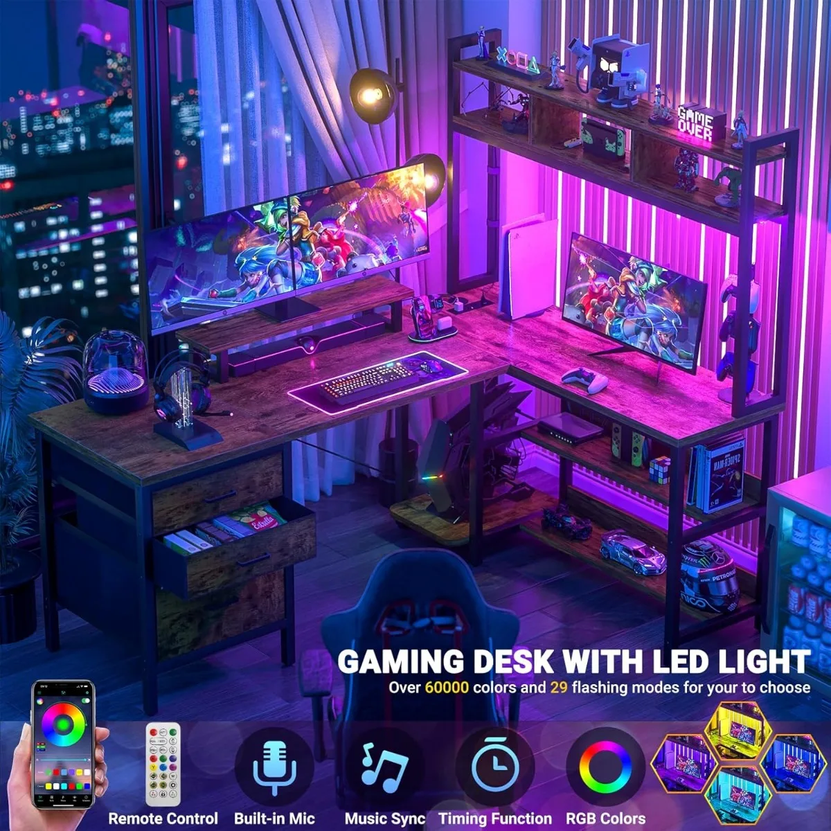 Mesa Em Forma De L Com Luzes LED, Computador Reversível Para Jogos Com Tomada, Gaveta De Arquivo De Canto