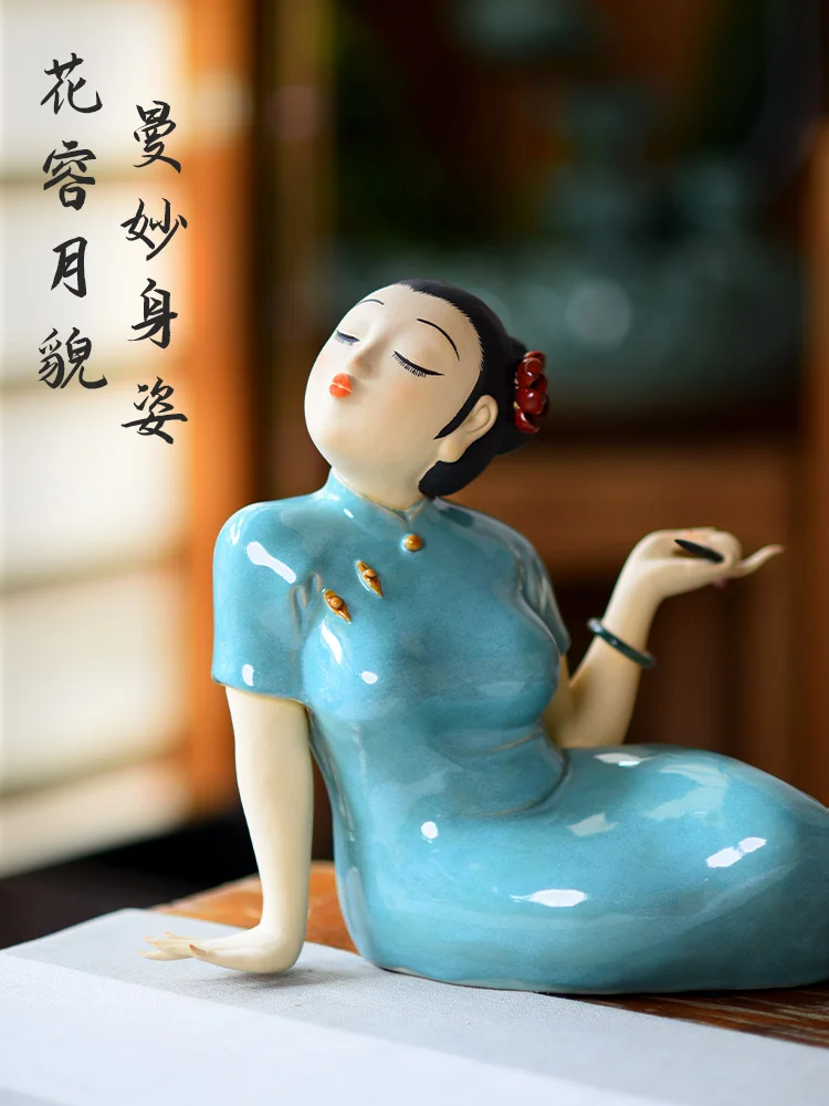 Shiwan doll, ceramic beauty, art figure decoration, living room, TV cabinet, retro handicrafts, home accessories, high-end