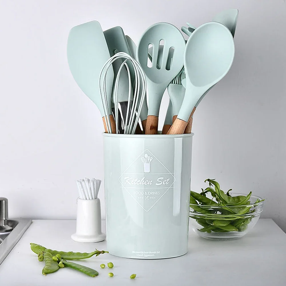 

12Pcs Silicone Wooden Handle Kitchen Utensil Set, Cooking Tools, Kitchenware, Household Accessories