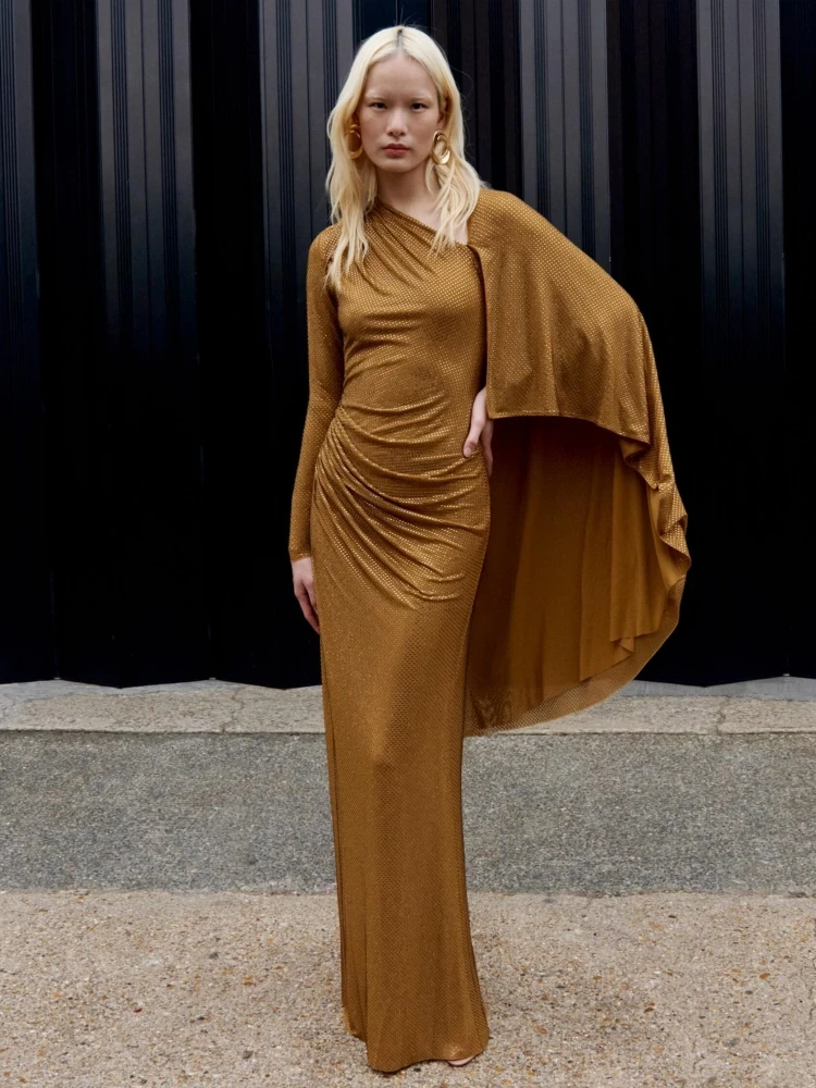 

Сексуальное вечернее платье с открытыми плечами, блестящими стразами, длинными рукавами, драпировкой и складками, украшенное бриллиантами, приталенное, для вечеринок