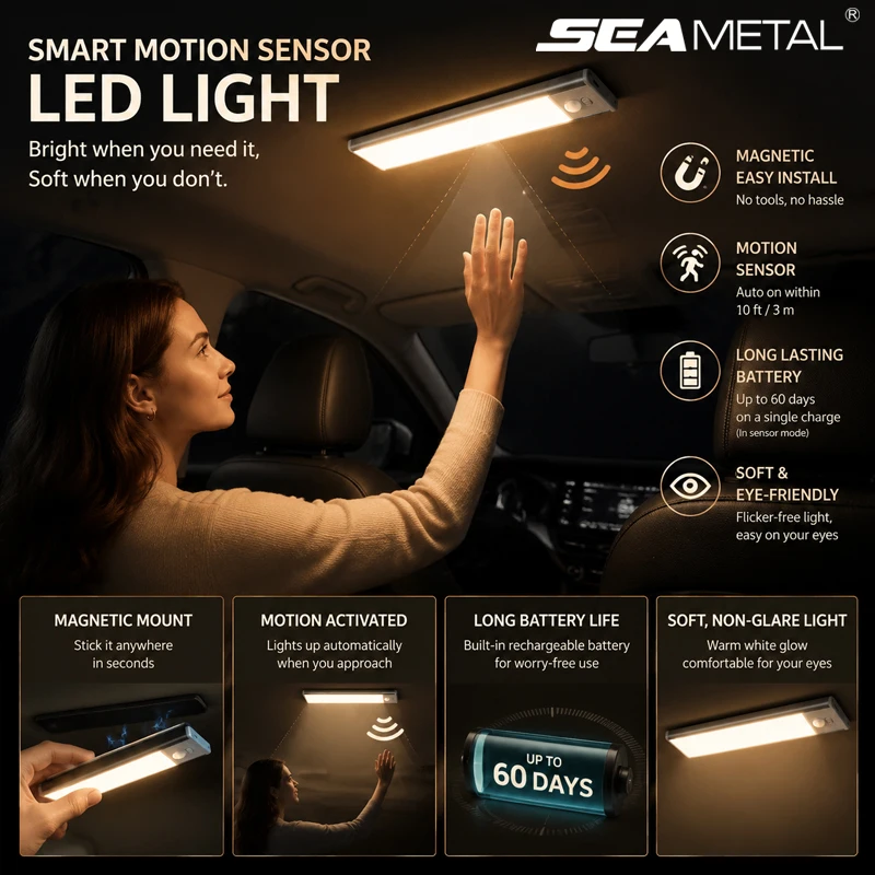 SEAMETAL Universal Trunk Car Sensor Light Wide-Area Detection Magnetic Installation No Wiring Ultra-Long Battery Life LED Light