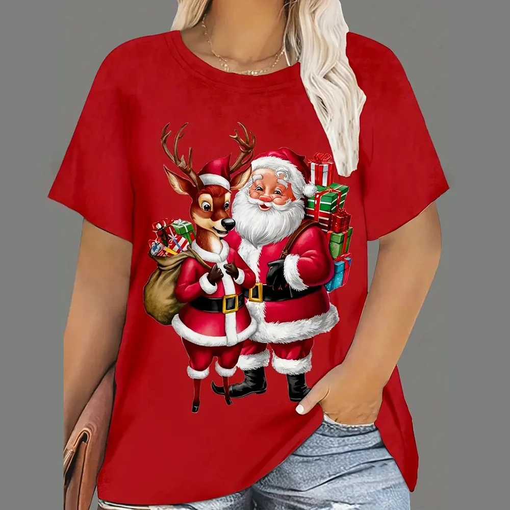 Camiseta feminina para o Natal, com estampa de Papai Noel, gola redonda, ideal para festas, modelo casual e oversized.