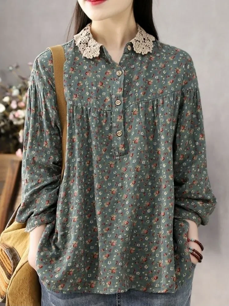 

For Women Long Sleeve Casual Shirts New 2024 Spring Vintage Style Lace Collar Floral Print Loose Female Cotton Tops Shirt Z246