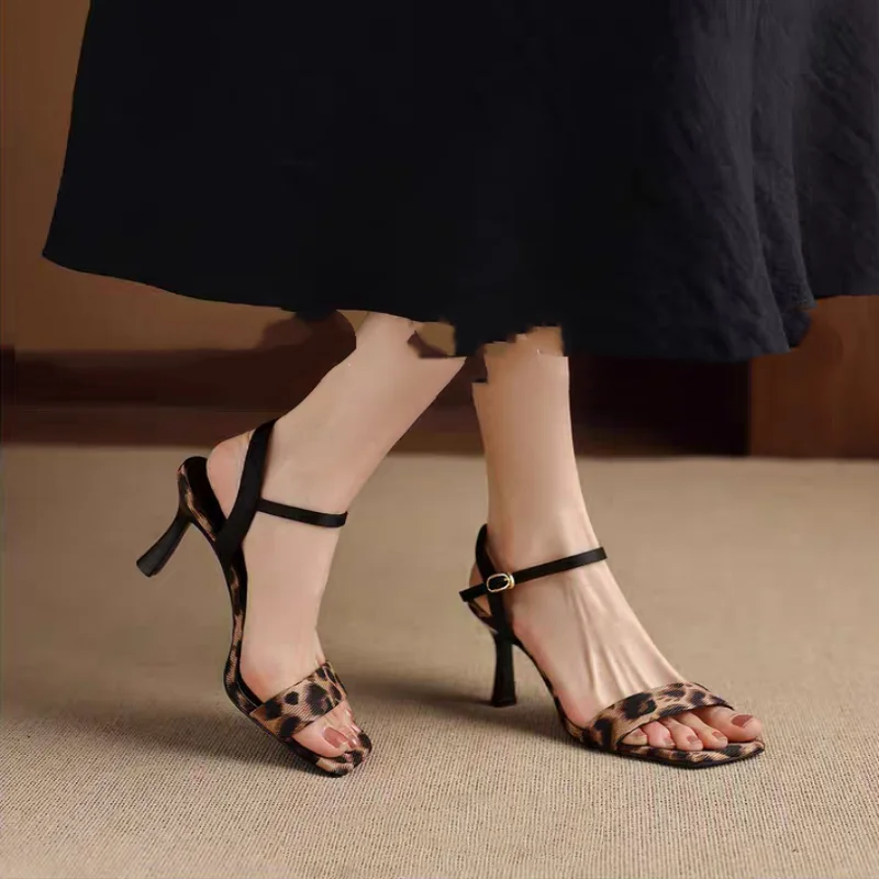 Sexy leopard print high-heeled sandals, one-strap fine heel sandals. Elegant summer party style women's shoes. Sizes 35 - 43