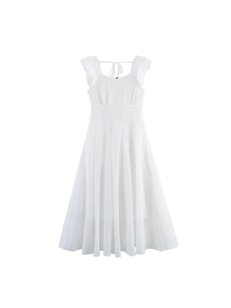 

European and American style women's clothing new French fashion simple temperament chiffon seersucker lotus leaf sleeve dress