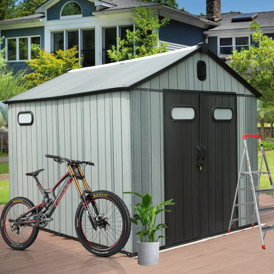 8X10FT Outdoor Resin Storage Shed, Waterproof Plastic Garden Shed with Lockable Door, Windows and Vents, Outside Tool Storage S