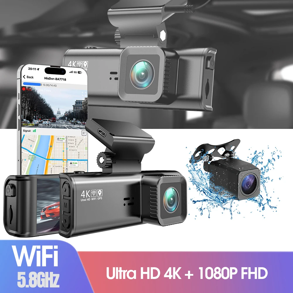 3 Inch Front And Rear 4K Dash Cam Dashcam Car DVR Dash Car Camera Video Recorder With WiFi App Control Parking Monitoring GPS