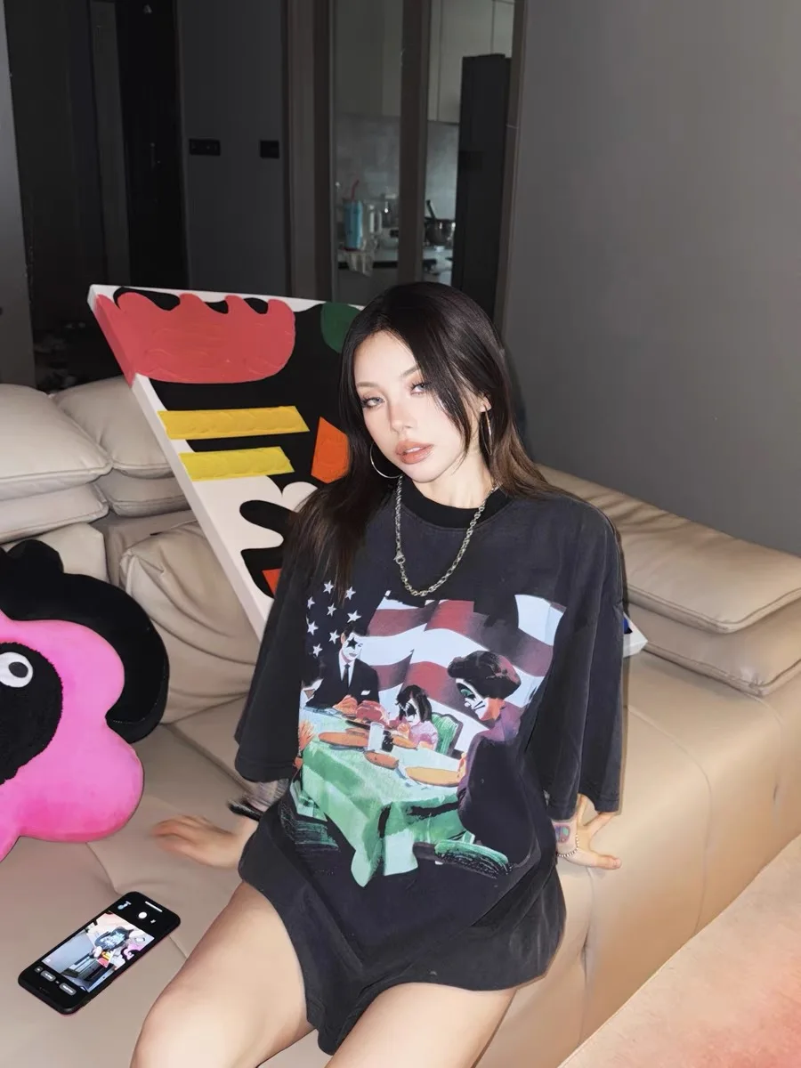 

Летняя винтажная хлопковая футболка большого размера с принтом рок-группы в стиле хип-хоп, свободная повседневная модная футболка с круглым вырезом и коротким рукавом