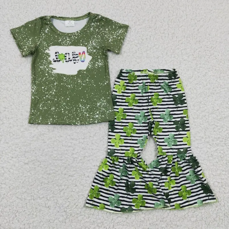 New rts Infant Girls St. Patrick's Day Green Suit Wholesale Boutique Four Leaf Clover Print Striped Pants Girls Set