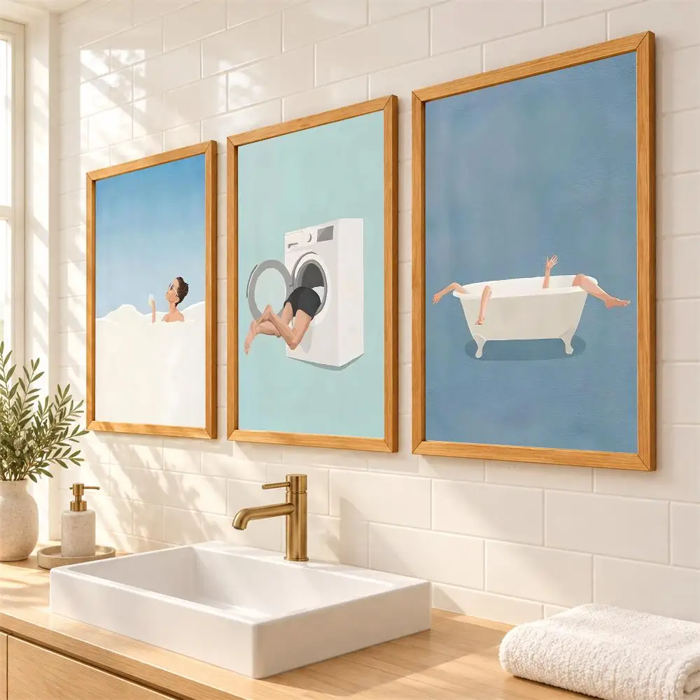 Laundry Girl Washing Machine Bathtub Hair Dryer Poster Wall Stickers Self Adhesive Painting Decals for Bathroom Living Room Home