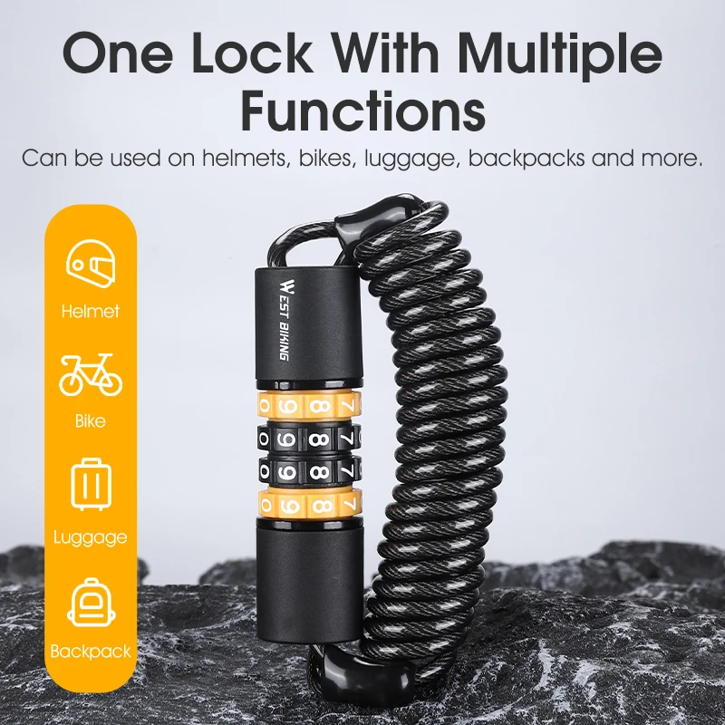 WEST BIKING Portable Bicycle Lock Password Rope Helmet Lock Bicycle Safety Lock Steel Wire Lock Mountain Bike Backpack Lock Zinc