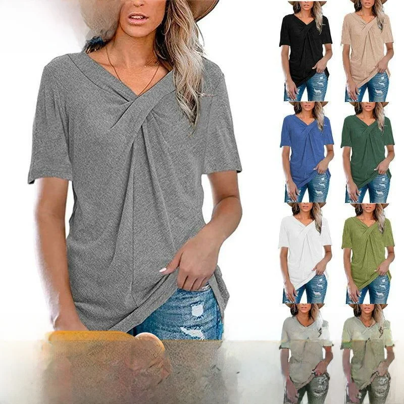 

Summer Casual Color V-Ne T-irt Women's Street Sle Long Sve Straight Cut Polyester Fabric Pure Color Faion Ladies' Tee