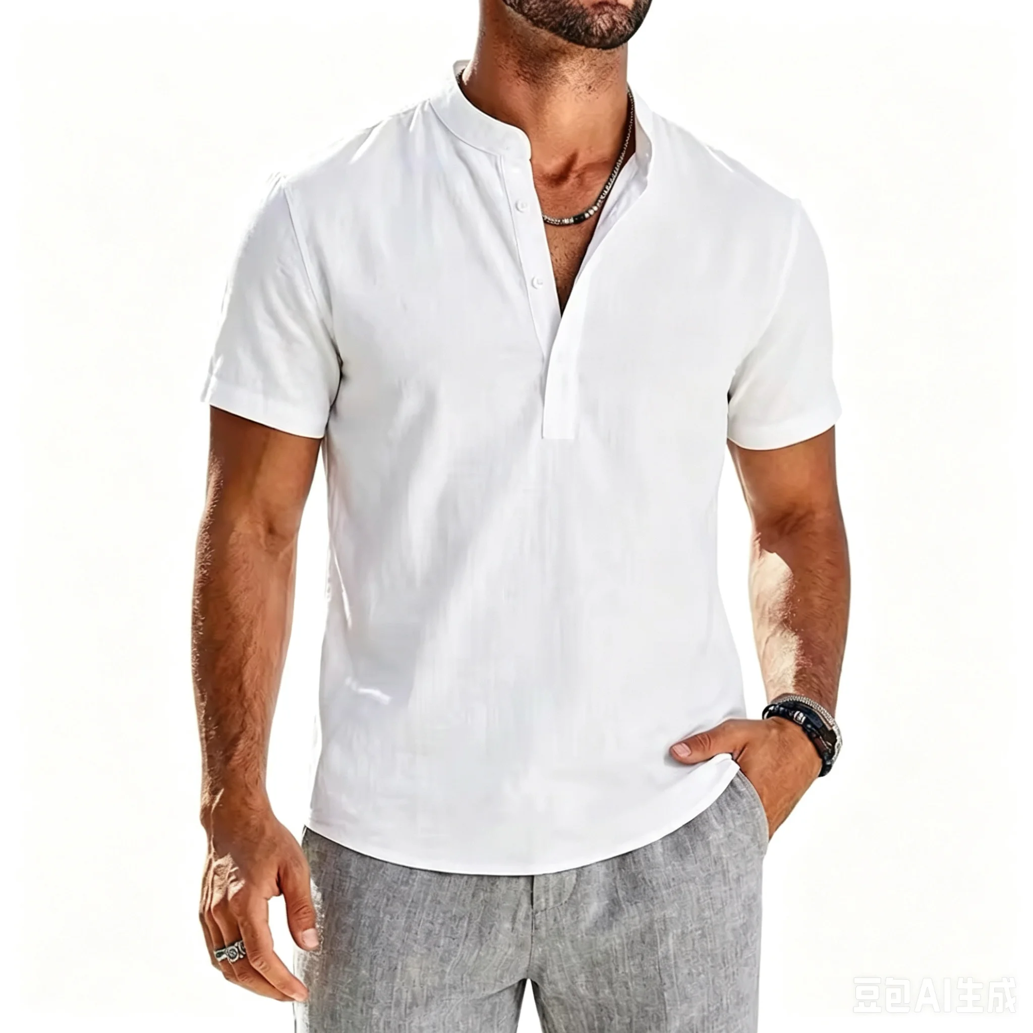 

Men New Cotton Linen Casual Shirts Lightweight Short Sleeve Henley Beach Hawaiian T Shirts Comfortable Breathable Summer Fashio