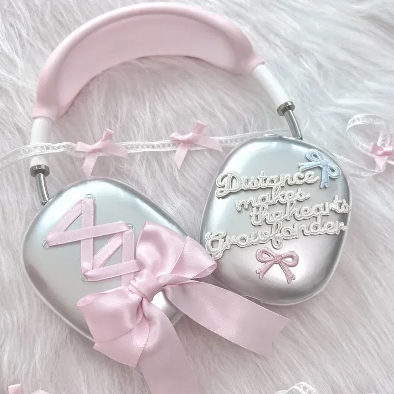 ECHOME Cute Airpods Max Case Cover Pink Ribbon Bow Ornament Original Design Transparent Silicone Protective Cover Headphone Gift