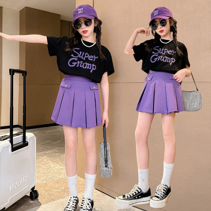 Summer Teen Girls Clothing Sets Child New Fashion Letter Tops + Skirt 2Pcs Outfits Kids Tracksuit 5 6 7 8 9 10 11 12 13 14 Years