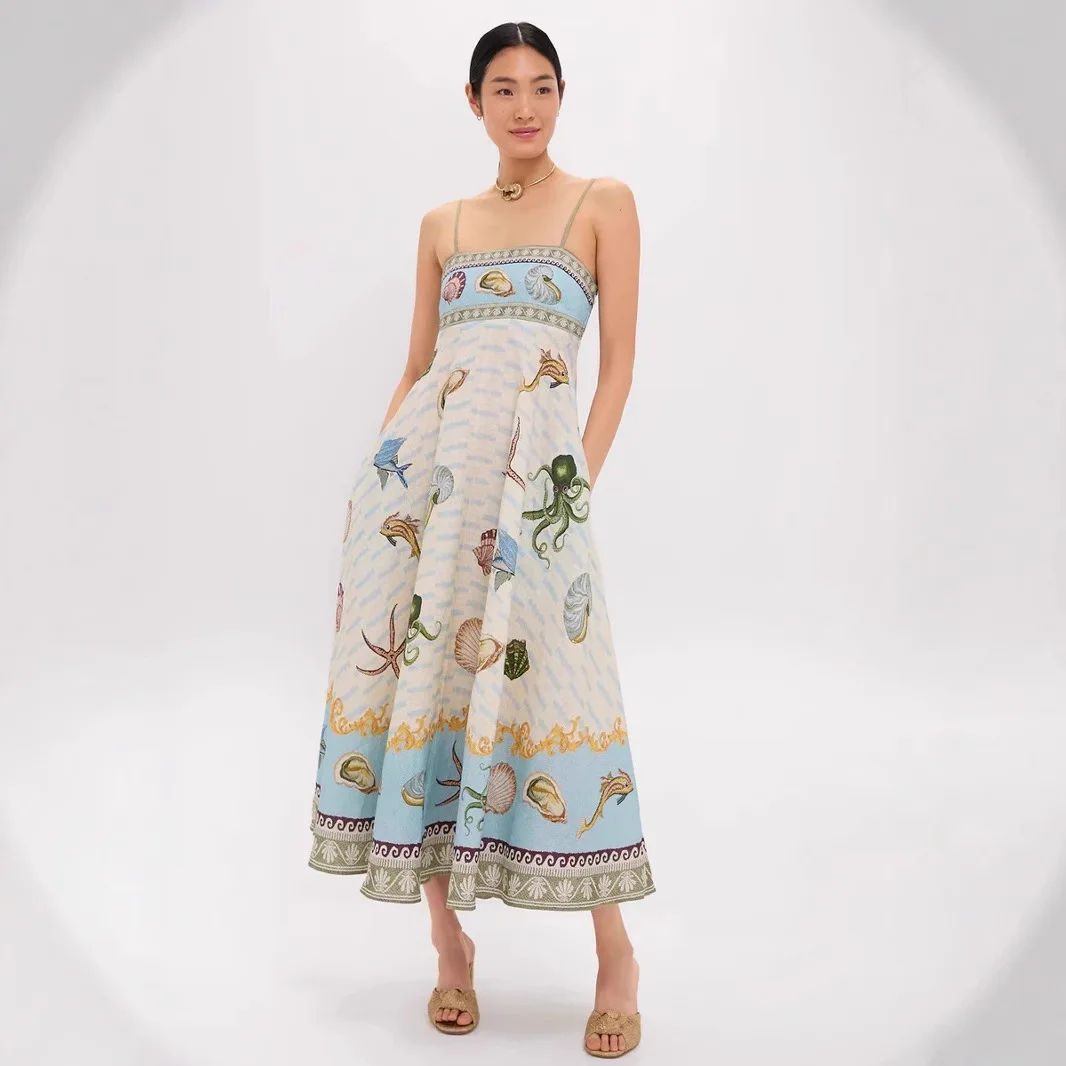 

2025 Women's New Temperament High Waist Cotton and Linen Printing Suspenders Casual Fashion Dress