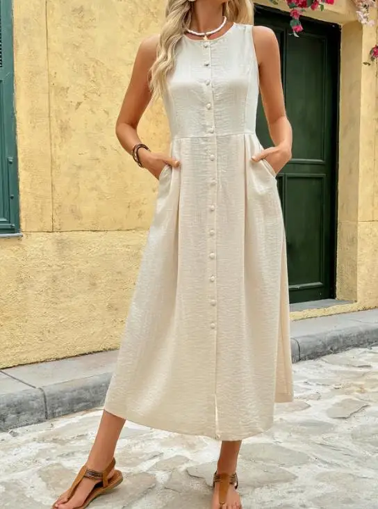 

2026 Summer New Casual Minimalist Style Mid Length Dress with Pockets, Sleeveless Round Neck Straight Tube Solid Color Dress
