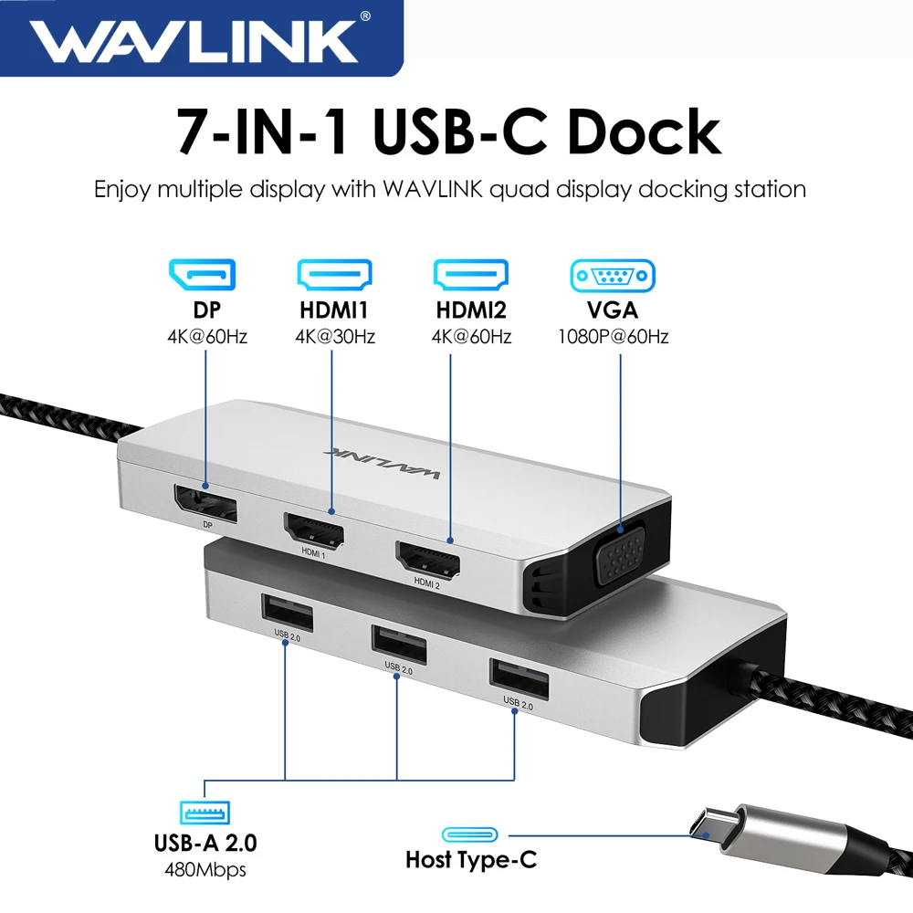 WAVLINK USB C Laptop Docking Station 4 Monitors 7-IN-1 Multiport Adapter with Dual 4K HDMI 4K DP VGA For Dell/HP/Lenovo/Thinkpad