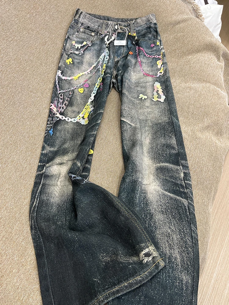 

Digital Print Candy Chain Design Straight Leg Wide Leg Jeans Unisex Cleanfit Casual Denim Pants mid Waist Zipper Closure