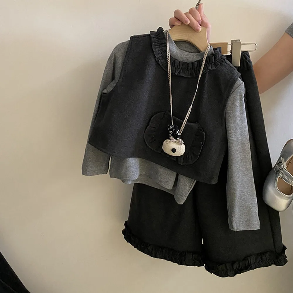 Bär Führer Mode Grau Kinder Kleidung Mädchen Koreanische Version Langarm Basis Shirt + Weste + Hosen 3 Stücke Herbst kinder Sets – Detail 3