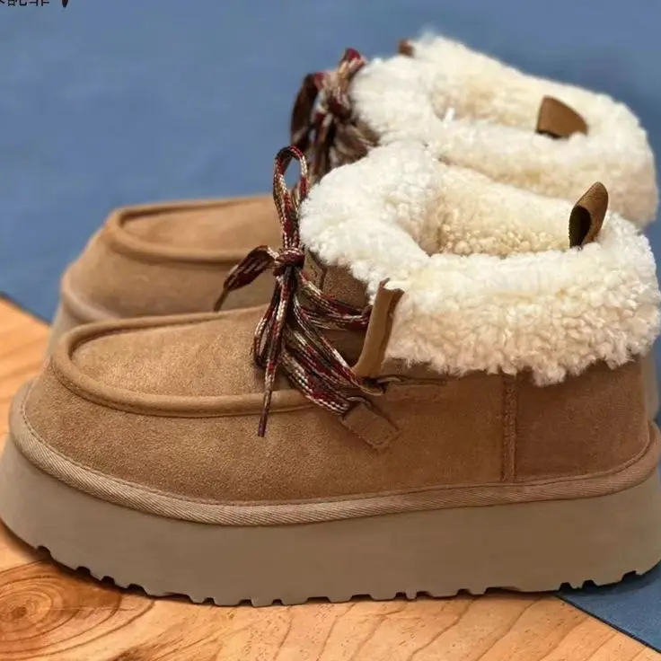 2025 Winter New Snow Boots Thick Bottom Fukara Strap Sheepskin and Fur Integrated Snow Boots Wool Strap Short Boots