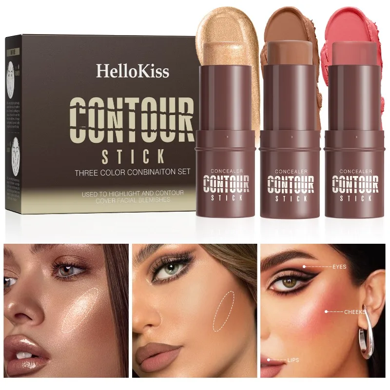 Ensemble de bâtons de Contour et de surbrillance, Kit professionnel complet pour sculpter le visage, Blush et scintillant, Trio de maquillage crémeux et facile à mélanger, 3 pièces