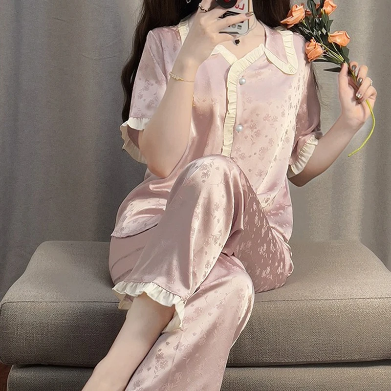 

French Aesthetics Flower Print Women's Pajamas Thin Summer New Short Simple Pajamas for Women Korean Sweet Lapel Neck Sleepwear