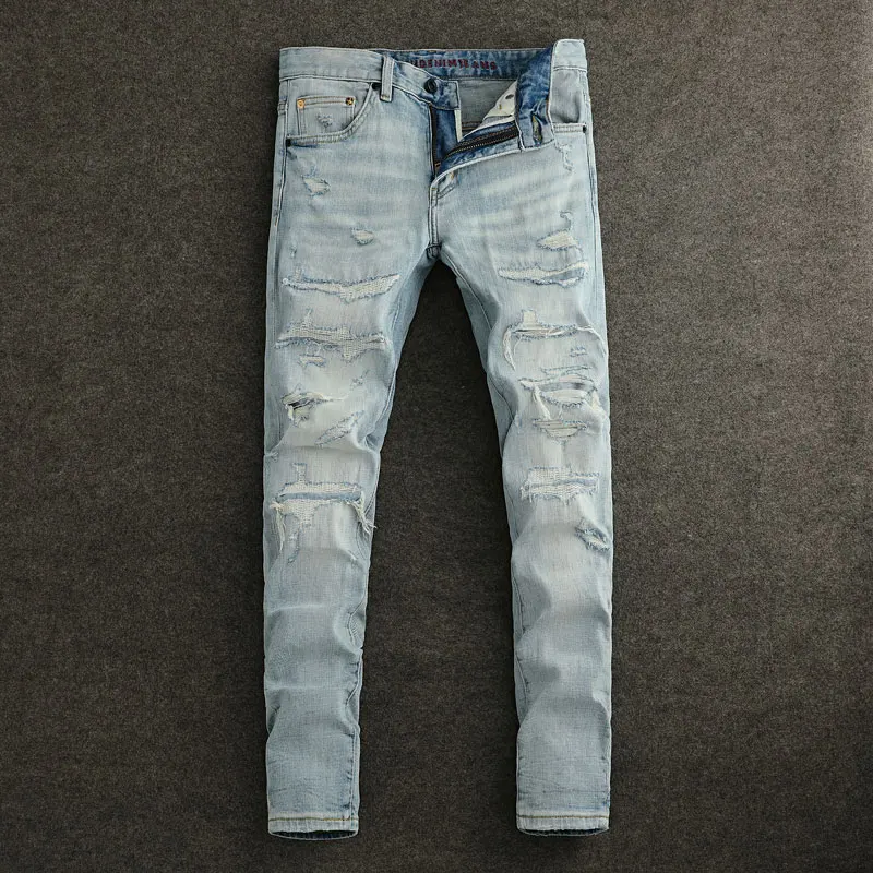 

Street Fashion Men Jeans High Quality Retro Light Blue Stretch Slim Fit Ripped Jeans Patched Designer Vintage Denim Pants Hombre